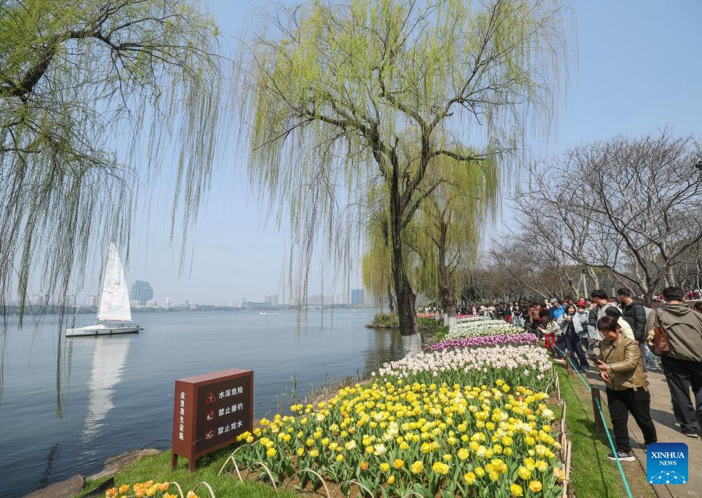 Tourists view flowers by Guazhu lake in Shaoxing, east China's Zhejiang Province, March 13, 2026. (Xinhua/Xu Yu)

