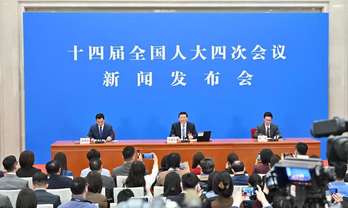 Lou Qinjian, spokesperson for the fourth session of the 14th National People's Congress (NPC), attends a press conference at the Great Hall of the People in Beijing, capital of China, on March 4, 2026. The NPC, China's national legislature, held a press conference on Wednesday, one day ahead of the opening of its annual session. Photo: Xinhua