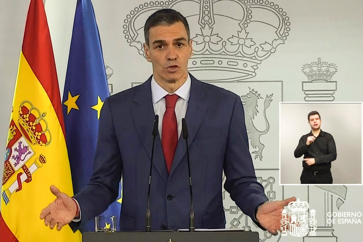 A handout screen grab taken from a video and made available by the Moncloa Presidential Palace shows Spanish Prime Minister Pedro Sanchez speaking during an institutional statement at the Moncloa Palace in Madrid, Spain on March 4, 2026. Photo: VCG