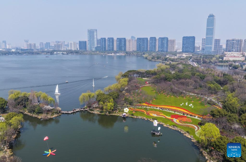 An aerial drone photo taken on March 13, 2026 shows a view of Guazhu lake in Shaoxing, east China's Zhejiang Province. (Xinhua/Xu Yu)


