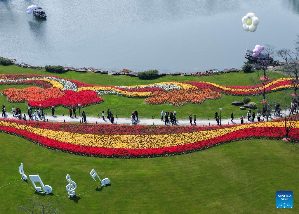 An aerial drone photo taken on March 13, 2026 shows a view by Guazhu lake in Shaoxing, east China's Zhejiang Province. (Xinhua/Xu Yu)

