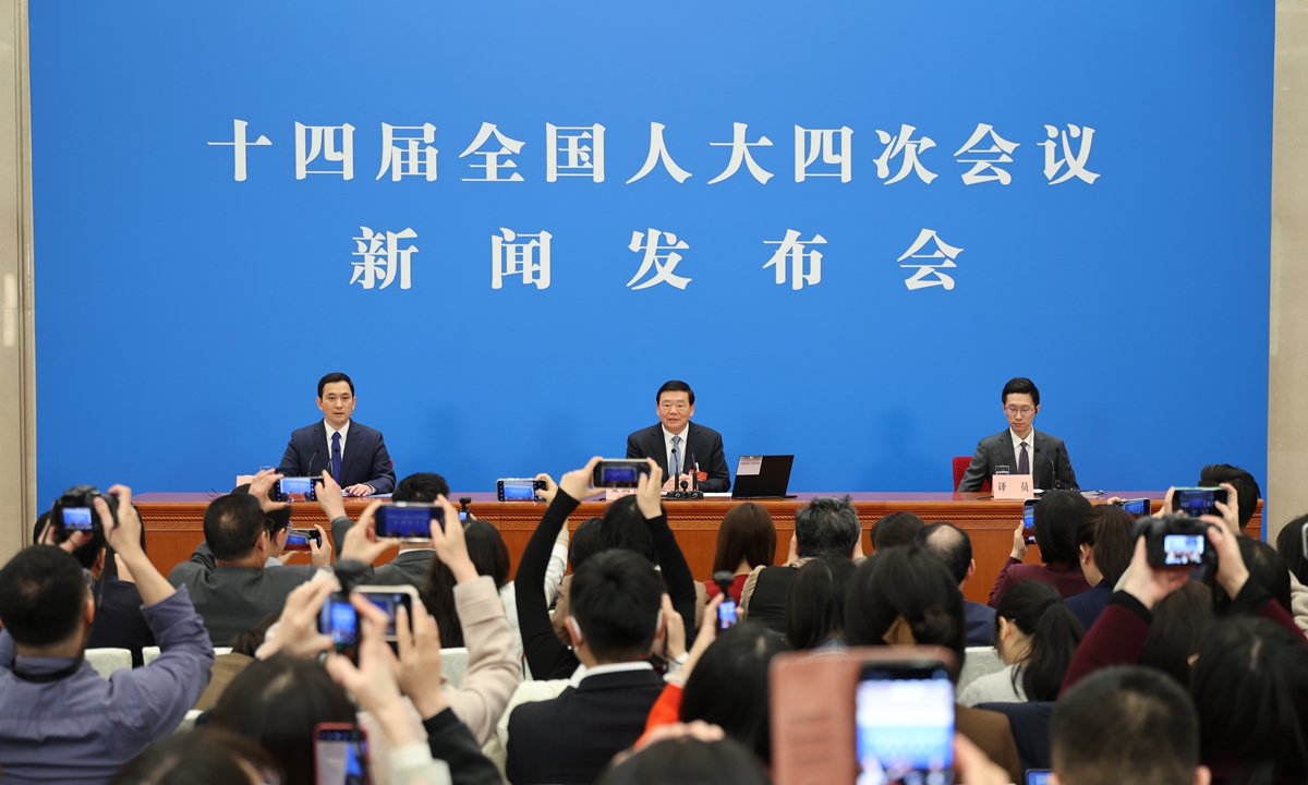 Lou Qinjian, spokesperson for the fourth session of the 14th National People's Congress, attends a press conference at the Great Hall of the People in Beijing, on March 4, 2026. Photo: VCG