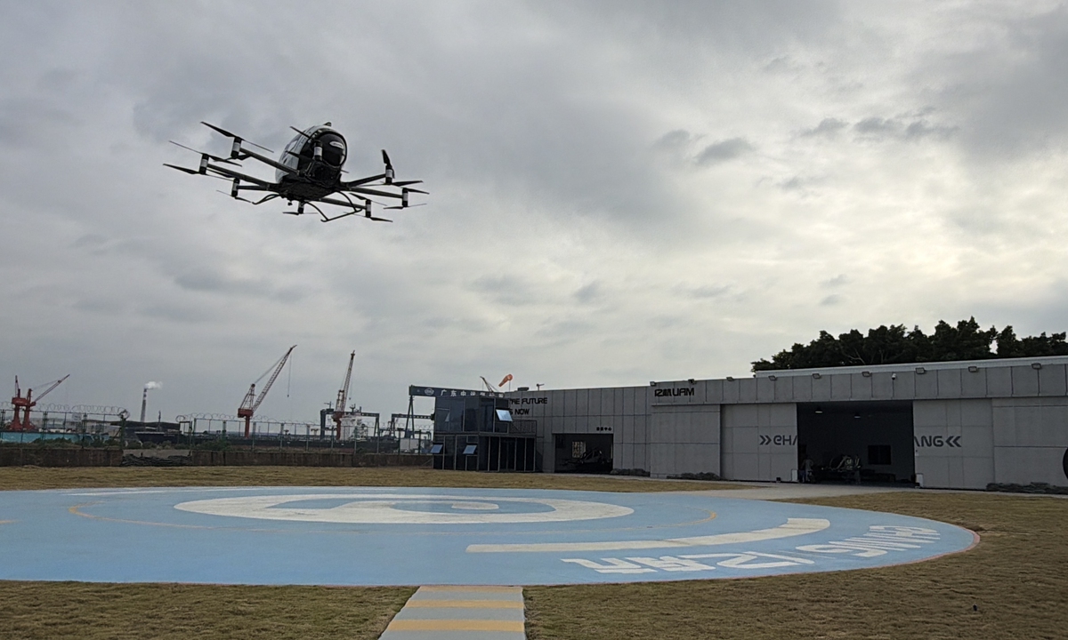 The EH216?S lands at the flight platform of its manufacturing company, Ehang. Photo: Fan Anqi/GT