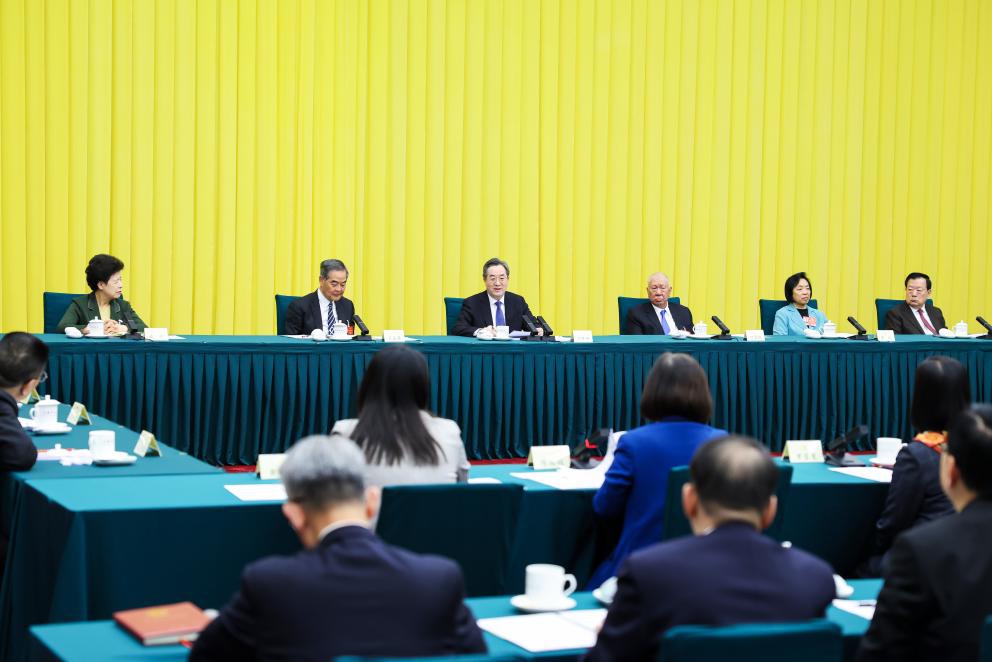 Ding Xuexiang, a member of the Standing Committee of the Political Bureau of the Communist Party of China Central Committee and Chinese vice premier, attends a joint group meeting of political advisors from Hong Kong and Macao special administrative regions at the fourth session of the 14th National Committee of the Chinese People's Political Consultative Conference (CPPCC) in Beijing, capital of China, March 6, 2026. (Photo: Xinhua)