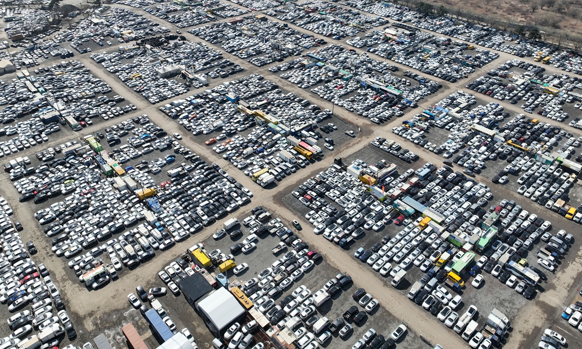 Vehicles fill up a vehicle export hub in the Yeonsu district of Incheon, South Korea, on March 8, 2026, as exports of used vehicles from the country to the Middle East have been affected by the ongoing situation in the region, according to the South Korean media outlet. Photo: VCG