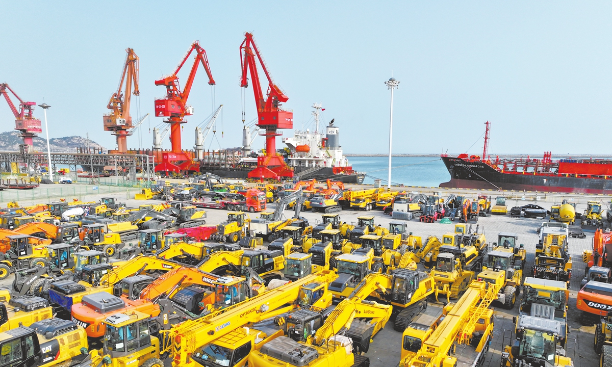 Mechanical equipment is seen at a busy port in East China's Jiangsu Province on March 10, 2026. Data released on Tuesday by the General Administration of Customs shows China's total goods trade reached 7.73 trillion yuan ($1.12 trillion) in the first two months of 2026. Photo: VCG 