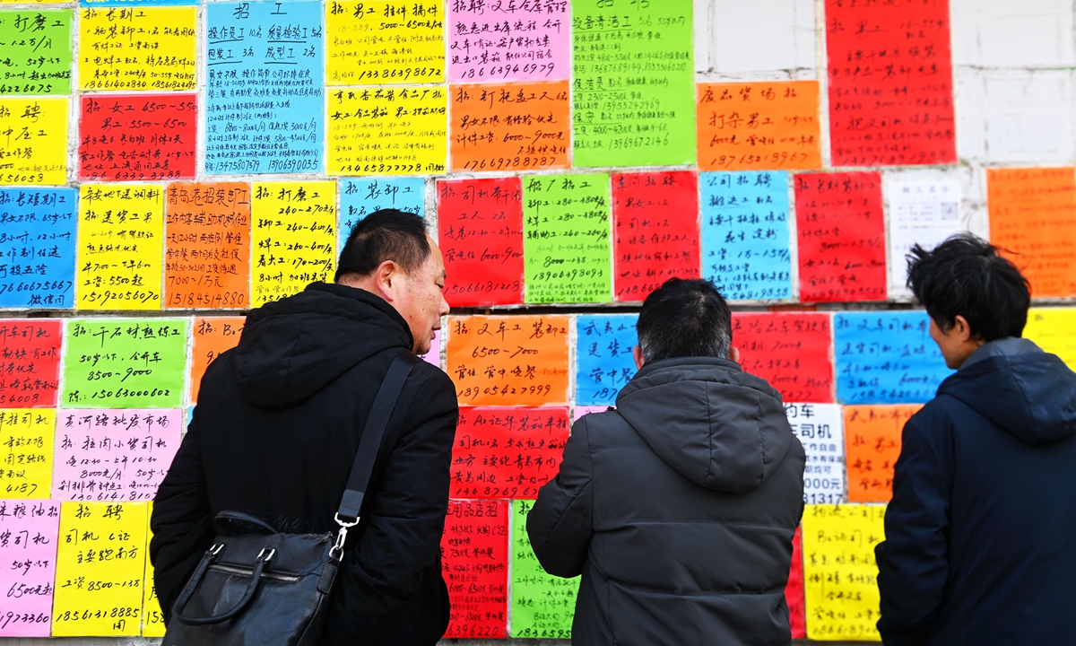 Job seekers look at recruitment information at a human resources market in Qingdao, East China's Shandong Province on March 8, 2026. The job market is experiencing a surge in activity as companies ramp up hiring to fill positions in both industrial and services sectors following the post-holiday production resumption. Photo: VCG
