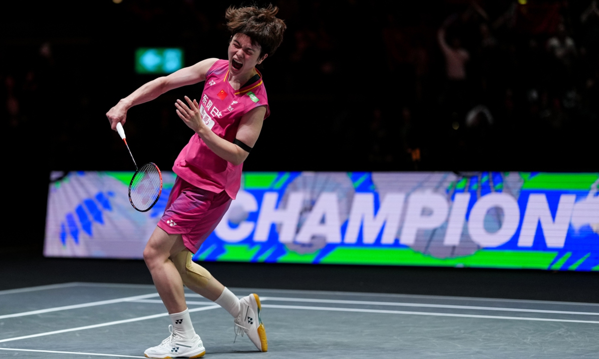 Wang Zhiyi of China celebrates the victory in the Women's Singles Final match against An Se-young of South Korea during day six of All England Open at Utilita Arena on March 8, 2026 in Birmingham, England. Photo: VCG
