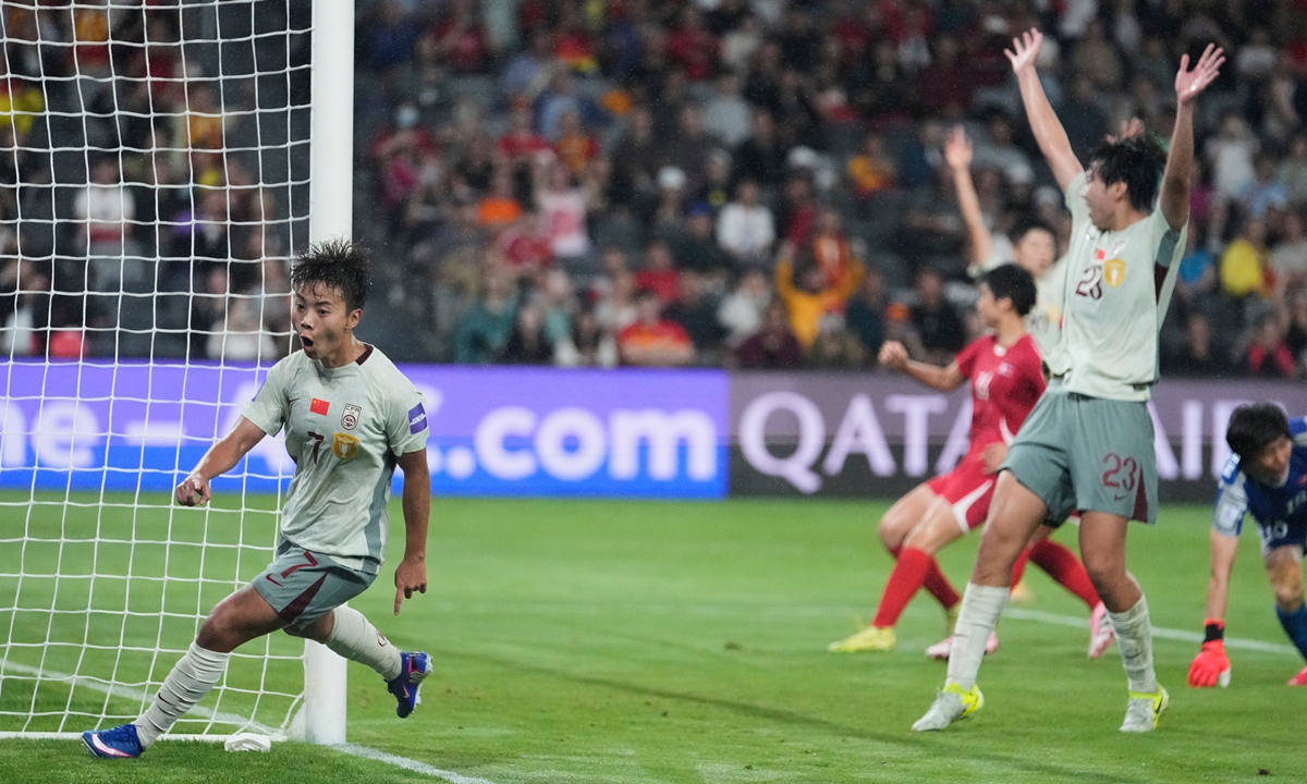 China's Wang Shuang (left) celebrates scoring her team's second goal during the Women's Asian Cup football match against North Korea in Sydney, Australia on March 9, 2026. Photo: VCG