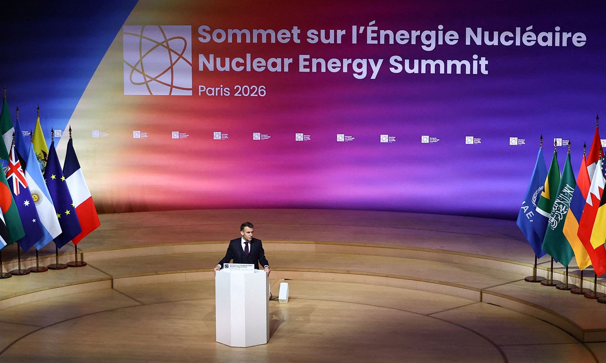 France's President Emmanuel Macron delivers a speech during the Nuclear Energy Summit at the Seine Musicale venue in Boulogne-Billancourt, outside Paris, on March 10, 2026. Photo: VCG