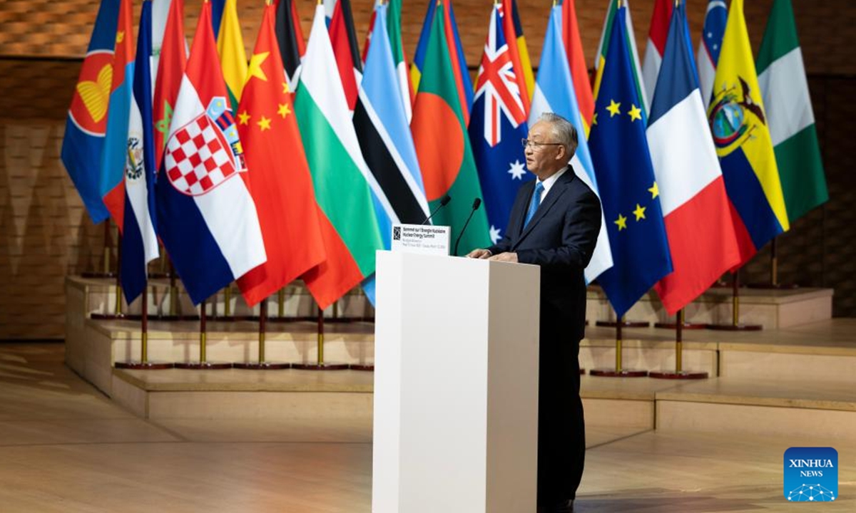 Chinese President Xi Jinping's Special Representative, Member of the Political Bureau of the Communist Party of China Central Committee and Vice Premier of the State Council Zhang Guoqing speaks at the second Nuclear Energy Summit in Paris, France, on March 10, 2026. Photo: Xinhua