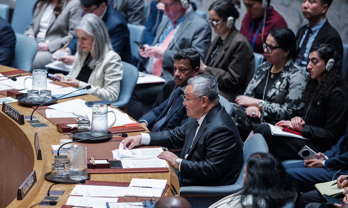 Representative of People's Republic of China to the United Nations Fu Cong (C) speaks at the United Nations Security Council (UNSC) ahead of votes on two draft resolutions regarding the current crisis in the Middle East, at the UN headquarters in New York on March 11, 2026. Photo: VCG