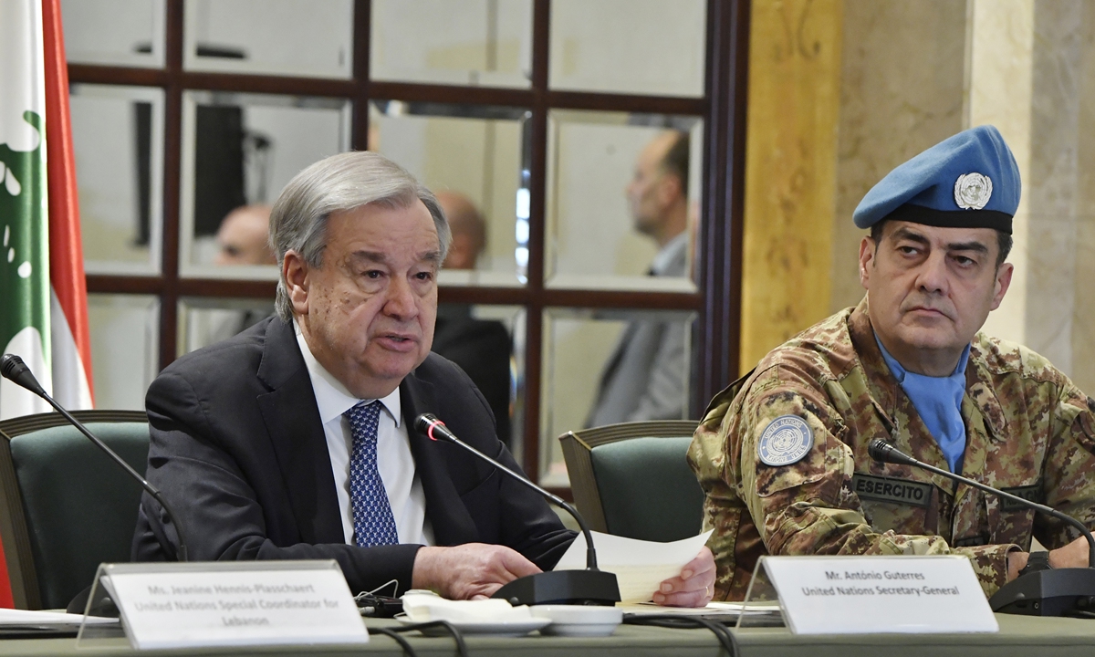 United Nations Secretary-General Antonio Guterres speaks during a press conference as part of his visit to Lebanon in Beirut, Lebanon, on March 14, 2026. Guterres called for an immediate de-escalation between Israel and Lebanon, and stressed there is no military solution to the conflict. Photo: VCG