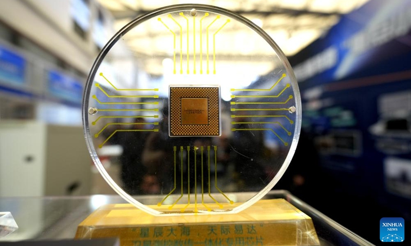 This photo taken on March 12, 2026 shows a special-purpose chip for satellite during the 2026 Shanghai Commercial Aerospace Conference & Exhibition at Shanghai New International Expo Center in Shanghai, east China. This event, also the founding session, kicked off here on Thursday and will last till March 14. Photo: Xinhua