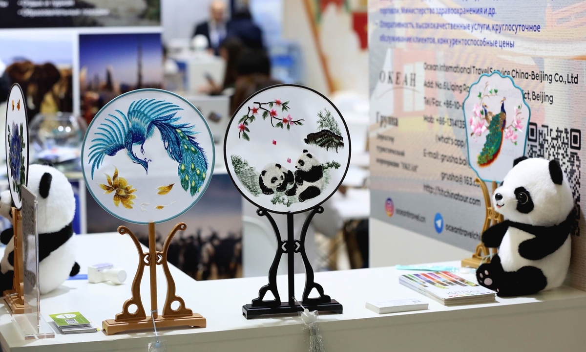 Chinese handicrafts are on display at the China booth at the Moscow International Travel & Tourism Exhibition in Moscow, Russia on March 12, 2026. Russia's largest B2B travel industry event has brought together more than 1,000 exhibitors from over 30 countries to promote tourist destinations and discuss industry trends. Photo: VCG