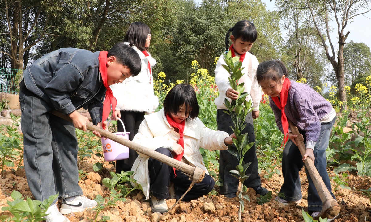 Students from an elementary school in Baojing, Central China's Hunan Province, plant trees on National Tree Planting Day on March 12, 2026. Photo: VCG
