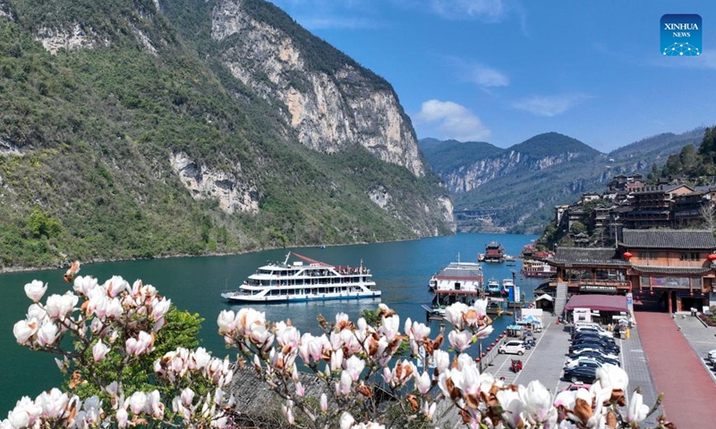 A drone photo taken on March 10, 2026 shows tour boats sailing on Wujiang River near Gongtan Ancient Town in Youyang Tujia and Miao Autonomous County, southwest China's Chongqing Municipality. Photo: Xinhua
