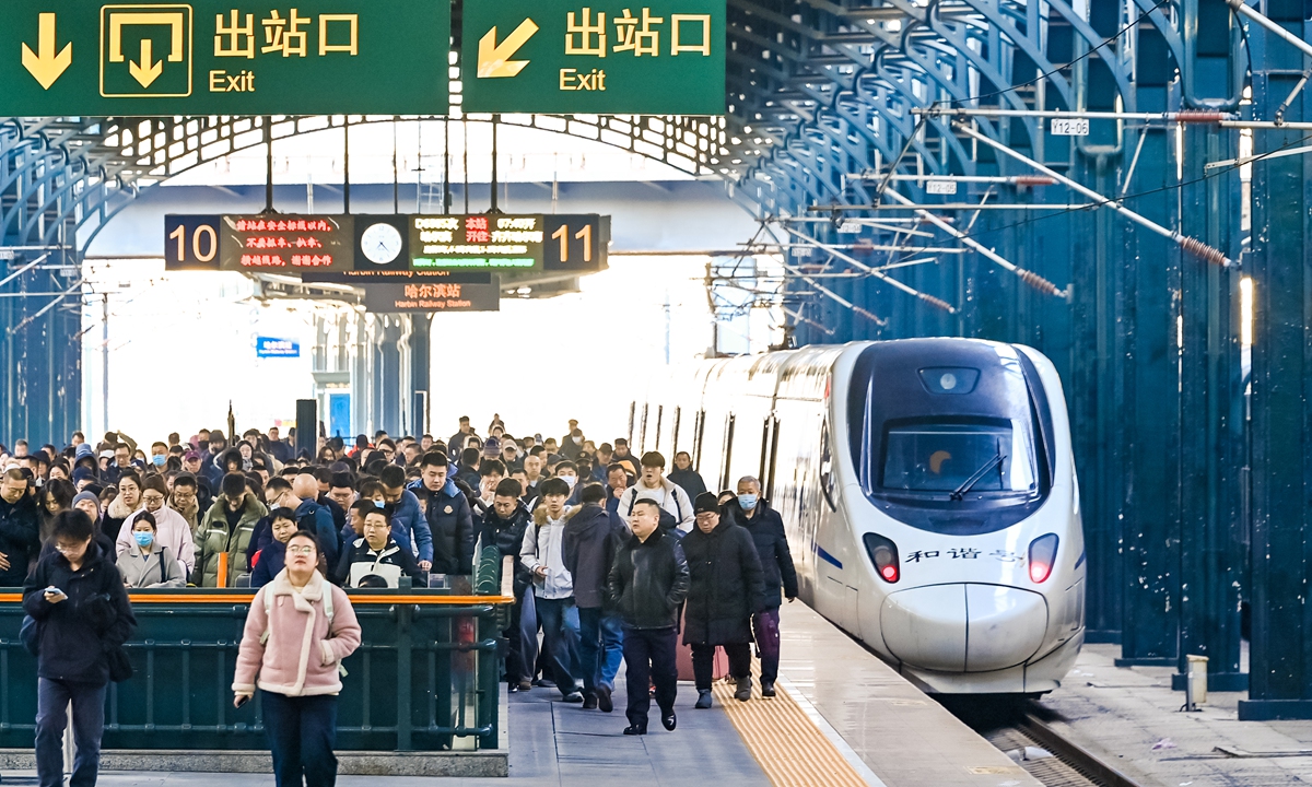 Tourists are seen at Harbin Railway Station in Northeast China's Heilongjiang Province on March 13, 2026, the last day of China's 40-day Spring Festival travel rush. Photo: cnsphoto