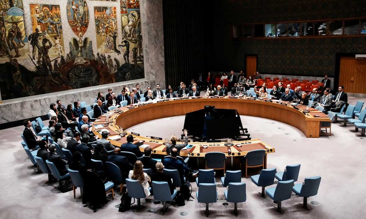 Members of the UN Security Council vote in favor of a sanctions resolution regarding the situation in Iran and the Middle East at UN headquarters in New York City, US, March 12, 2026. At a meeting of the 15-member UN Security Council, which is chaired this month by the US, Russia and China voted to halt the so-called 1737 Committee, which was established to oversee compliance with sanctions on Tehran. Photo: IC