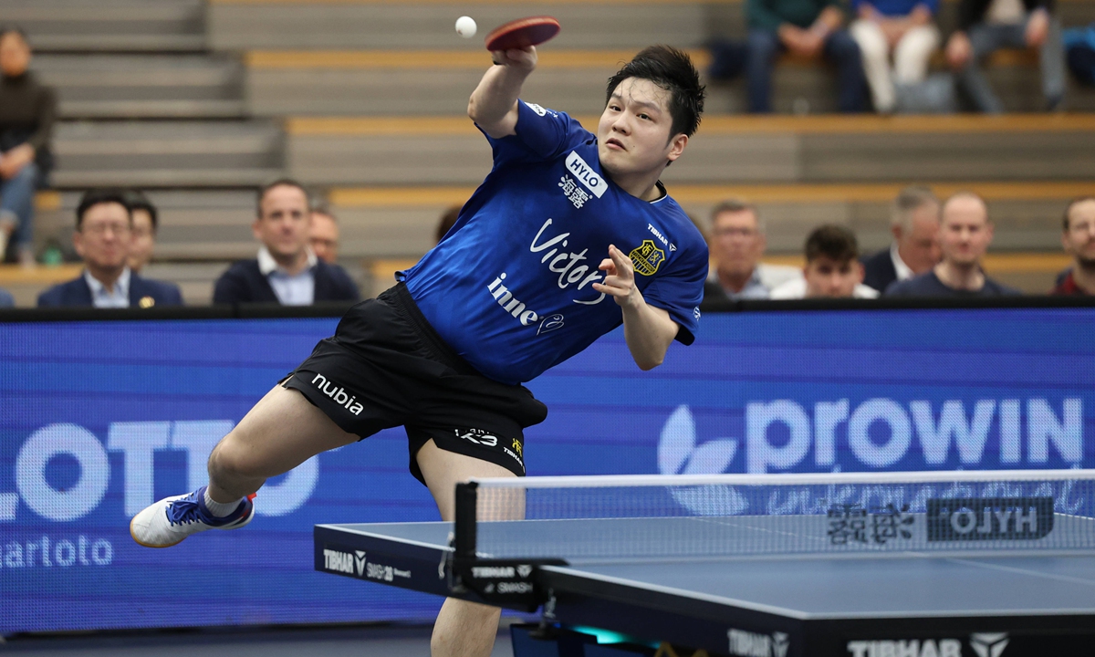 Chinese table tennis star Fan Zhendong, representing German club Saarbrucken, competes in a match in Saarbrucken, Germany on March 15, 2026. The club announced on Monday that Fan, who joined Saarbrucken in June 2025, will leave the team at the end of the current season to join Borussia Dusseldorf. Photo: IC