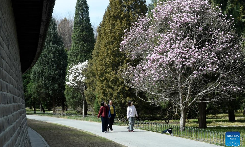 Tourists enjoy the scenery at Tiantan (Temple of Heaven) Park in Dongcheng District in Beijing, capital of China, on March 27, 2026. (Xinhua/Luo Xiaoguang)

