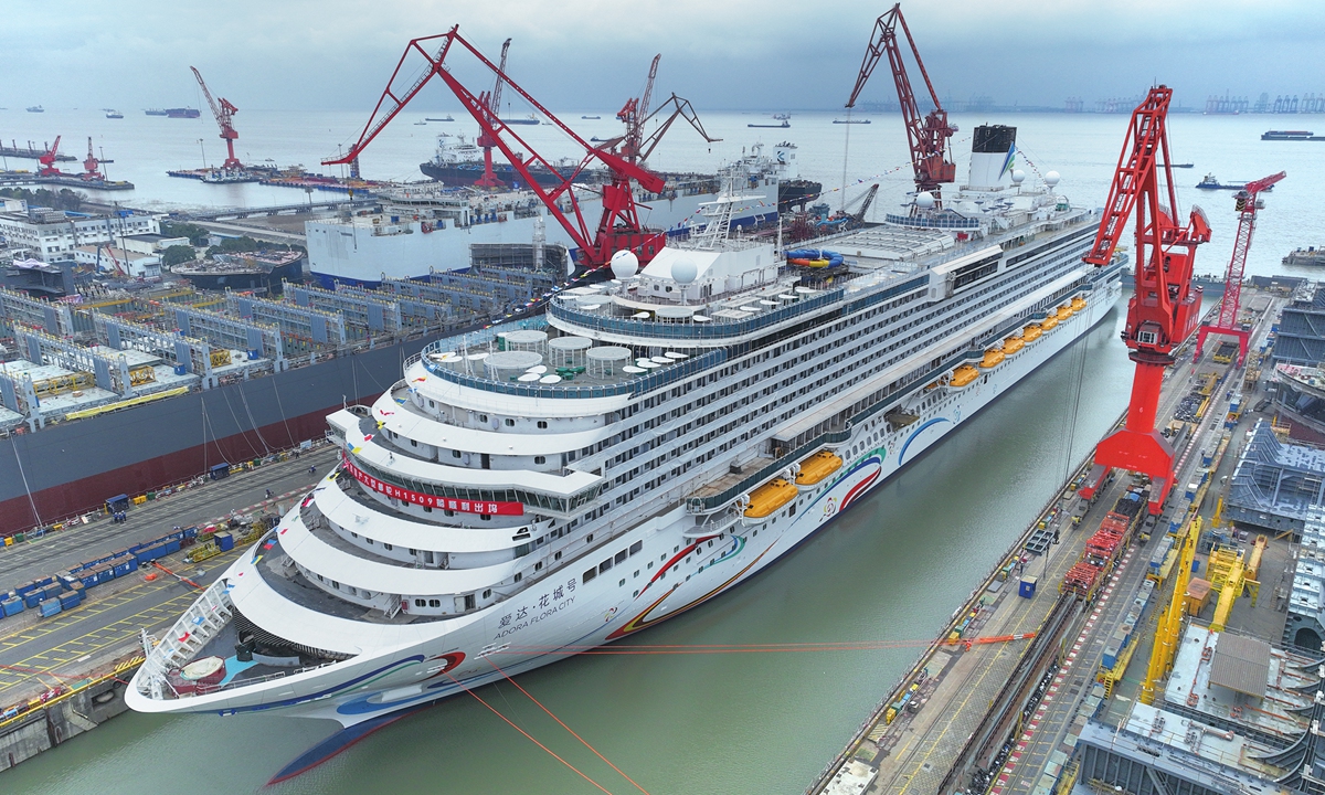 China's second domestically built large cruise ship, Adora Flora City, is under construction at the dock of Shanghai Waigaoqiao Shipbuilding Co in Shanghai, East China, on March 17, 2026. The cruise ship has 2,130 cabins and can accommodate up to 5,232 passengers at full capacity. Photo: VCG
