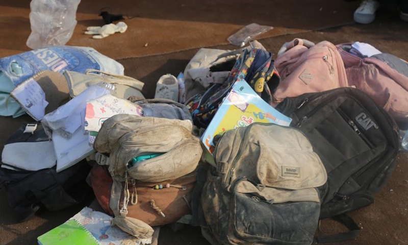 This photo taken on Feb. 28, 2026 shows schoolbags at an attacked girls' elementary school in Minab, Iran's southern province of Hormozgan. (Mehr News Agency/Handout via Xinhua)