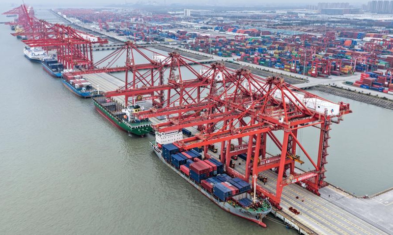 An aerial drone photo taken on March 20, 2026 shows a container terminal of Taicang Port in east China's Jiangsu Province. (Xinhua/Li Bo)
