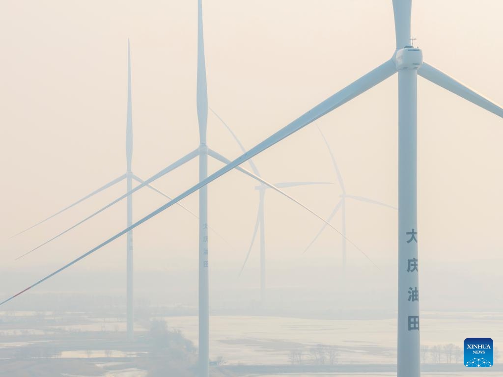 A drone photo taken on March 25, 2026 shows the wind power generation equipment at the low-carbon demonstration zone of Lamadian Oilfield in Daqing, northeast China's Heilongjiang Province. As an important energy production base in China, Daqing Oilfield has been exploring new pathways for green transformation and development in recent years. While maintaining stable production of traditional energy, it has actively promoted the construction of photovoltaic, wind power and geothermal energy projects. (Xinhua/Wang Song)

