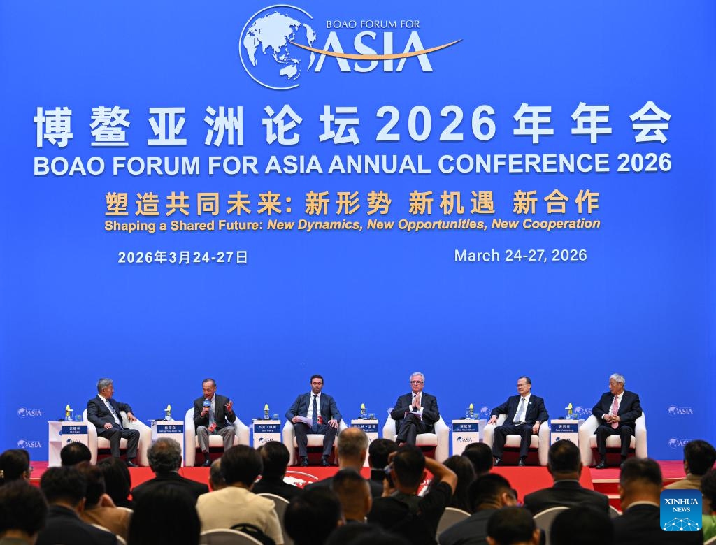 This photo taken on March 24, 2026 shows a view of a panel discussion themed on Free Trade Ports: Opportunities and Missions as Gateways for Opening-up during the Boao Forum for Asia (BFA) Annual Conference 2026 in Boao, south China's Hainan Province. (Xinhua/Pu Xiaoxu)

