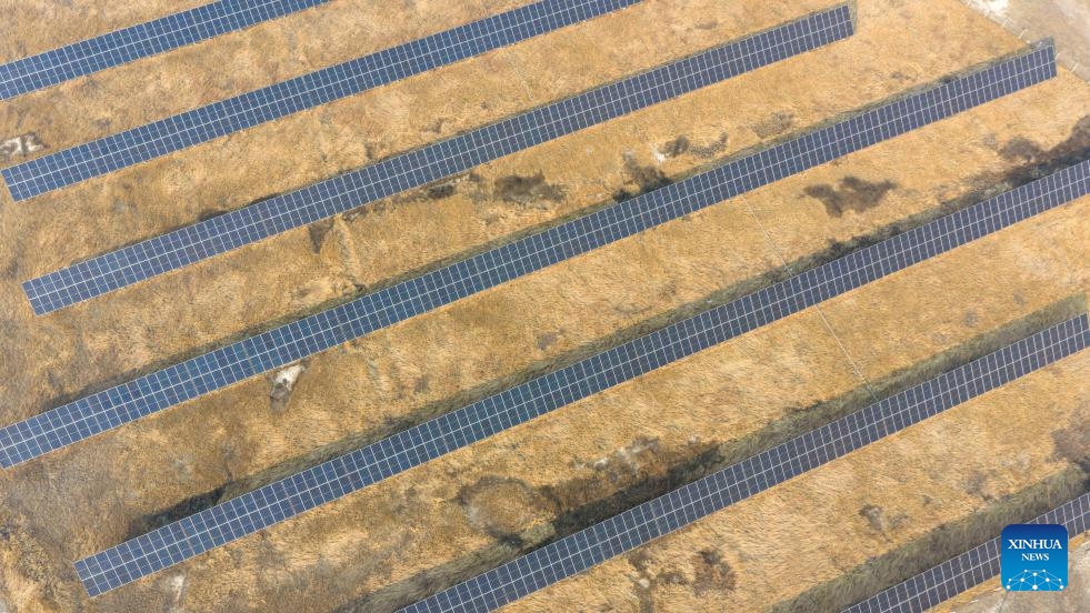 An aerial drone photo taken on March 25, 2026 shows the photovoltaic panels at the low-carbon demonstration zone of Lamadian Oilfield in Daqing, northeast China's Heilongjiang Province. As an important energy production base in China, Daqing Oilfield has been exploring new pathways for green transformation and development in recent years. While maintaining stable production of traditional energy, it has actively promoted the construction of photovoltaic, wind power and geothermal energy projects. (Xinhua/Wang Song)

