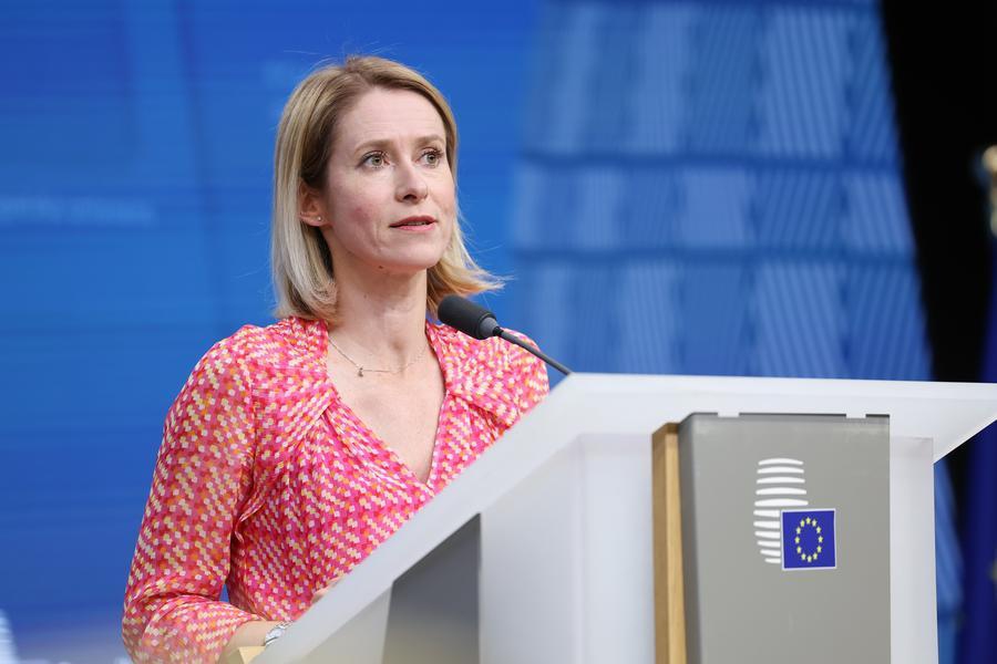 EU foreign policy chief Kaja Kallas speaks during a press conference in Brussels, Belgium, May 20, 2025. (European Union/Handout via Xinhua)
