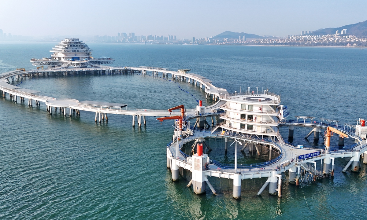 Geng Hai 1 marine ranch complex is pictured off the coast of Yantai, East China's Shandong Province on March 17, 2026. It serves as multifunctional intelligent ecological marine ranch platform for fishing, recreation, and scientific and technological research and development. Photo: VCG