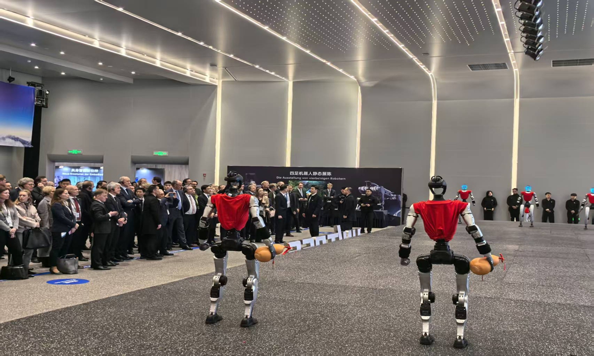 German Chancellor Friedrich Merz watches WuBot, the robot martial arts performance, as he visited Unitree Robotics in Hangzhou, East China's Zhejiang Province, on February 26, 2026. Photo: Zhang Yiyi/GT