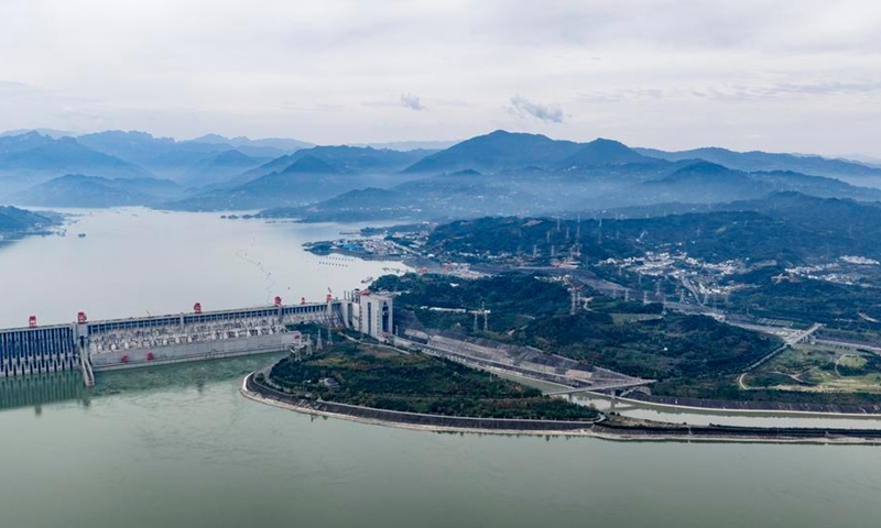 An aerial drone photo taken on Nov. 2, 2025 shows the Three Gorges Dam and its outbound power transmission lines in Yichang, central China's Hubei Province. (Photo by Wang Huifu/Xinhua)

