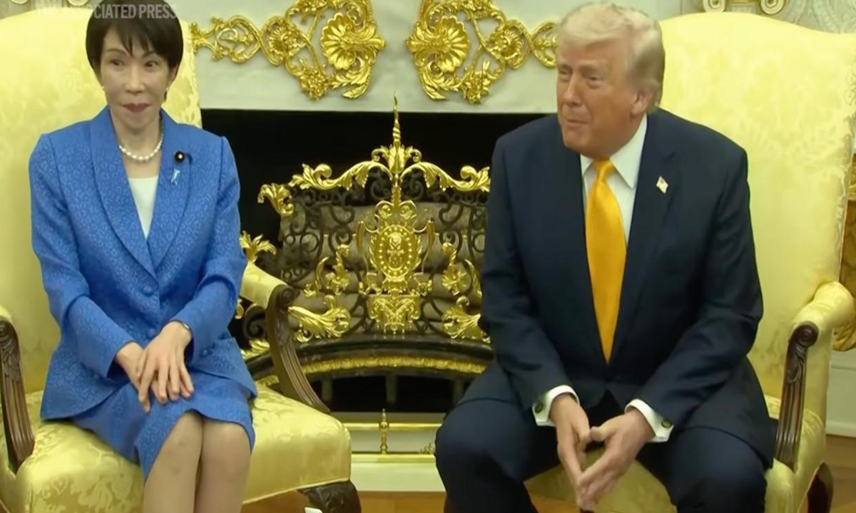 Screenshot from a video clip released by the Associated Press over US President Donald Trump and Japanese Prime Minister Sanae Takaichi in the Oval Office on March 19, 2026 local time.