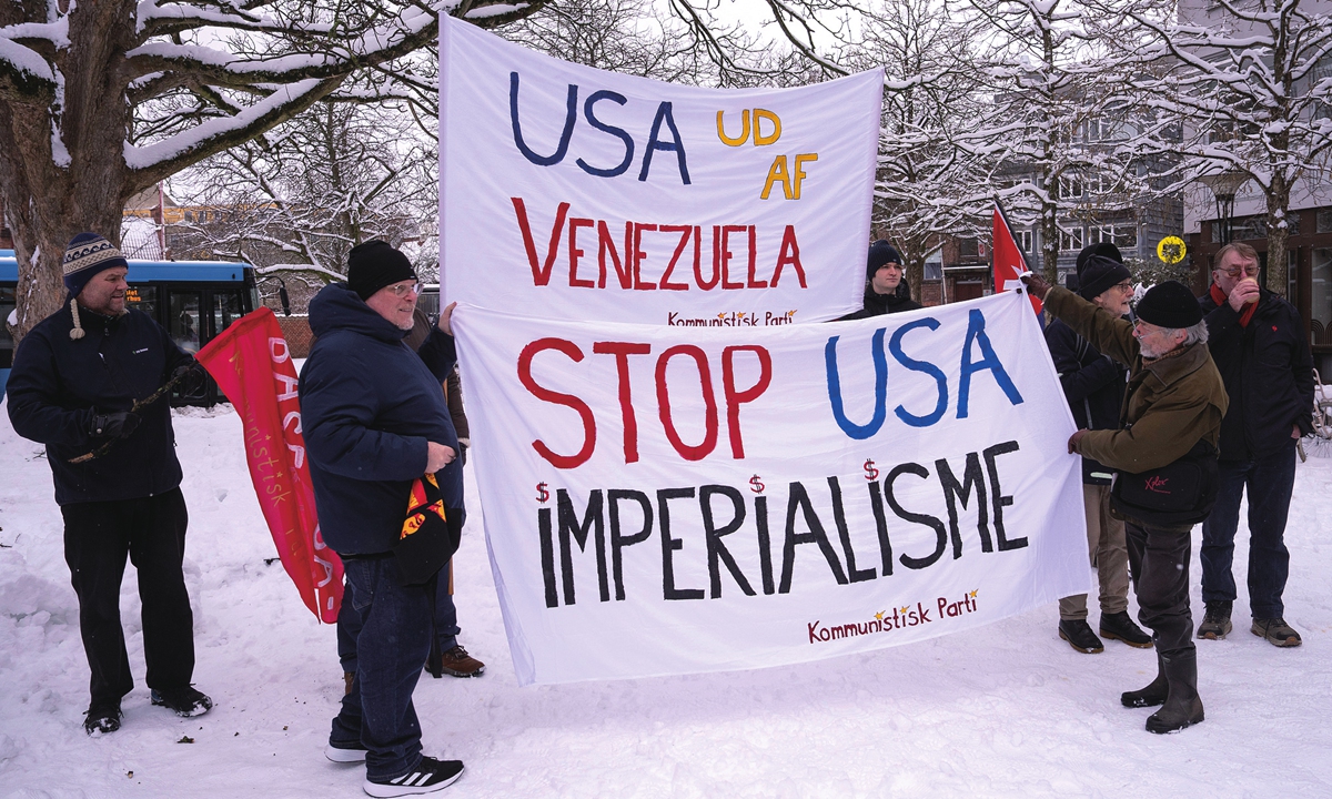 Demonstrators gather to protest against the US attacks in Venezuela and threats against Greenland and Latin America in Aarhus, Denmark, on March 7, 2026. Photo: VCG