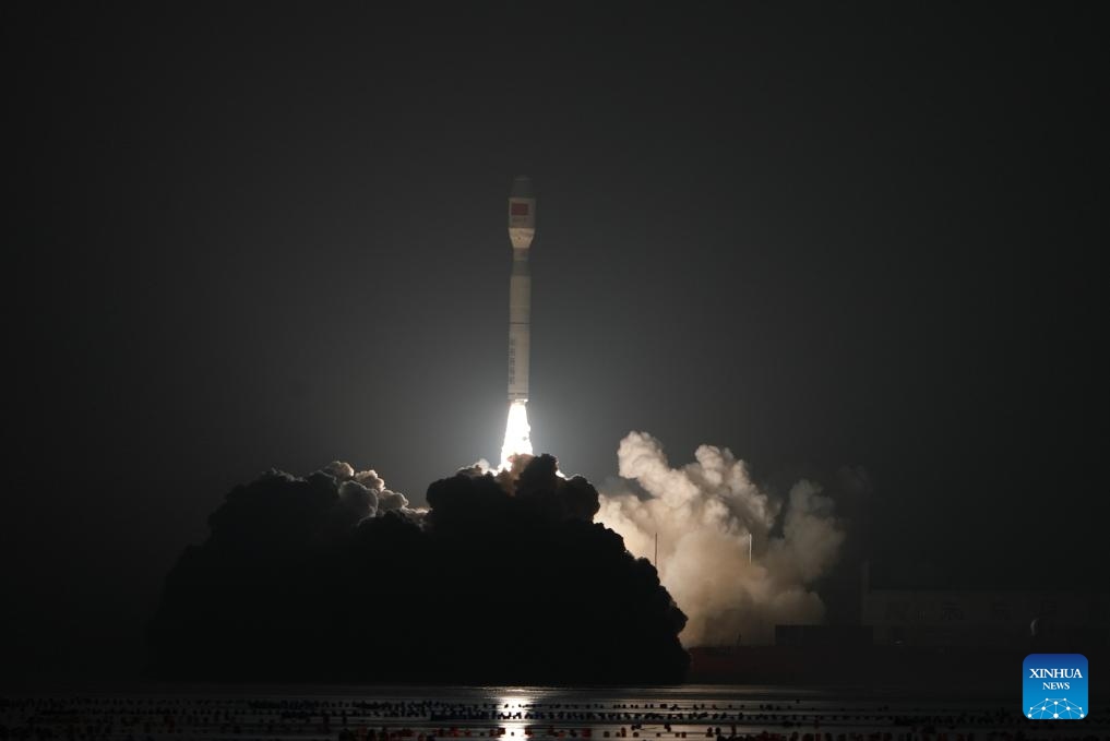 A Smart Dragon-3 rocket carrying the satellite group CentiSpace 02 blasts off from the sea near the city of Haiyang, east China's Shandong Province, March 22, 2026. A Smart Dragon-3 rocket lifted off on Sunday in east China's Shandong Province, sending the satellite group CentiSpace 02 into the planned orbit. The rocket blasted off at 11:49 p.m. (Beijing Time) from the sea near the city of Haiyang. Taiyuan Satellite Launch Center conducted the offshore launch mission. (Photo by Guo Jinqi/Xinhua)