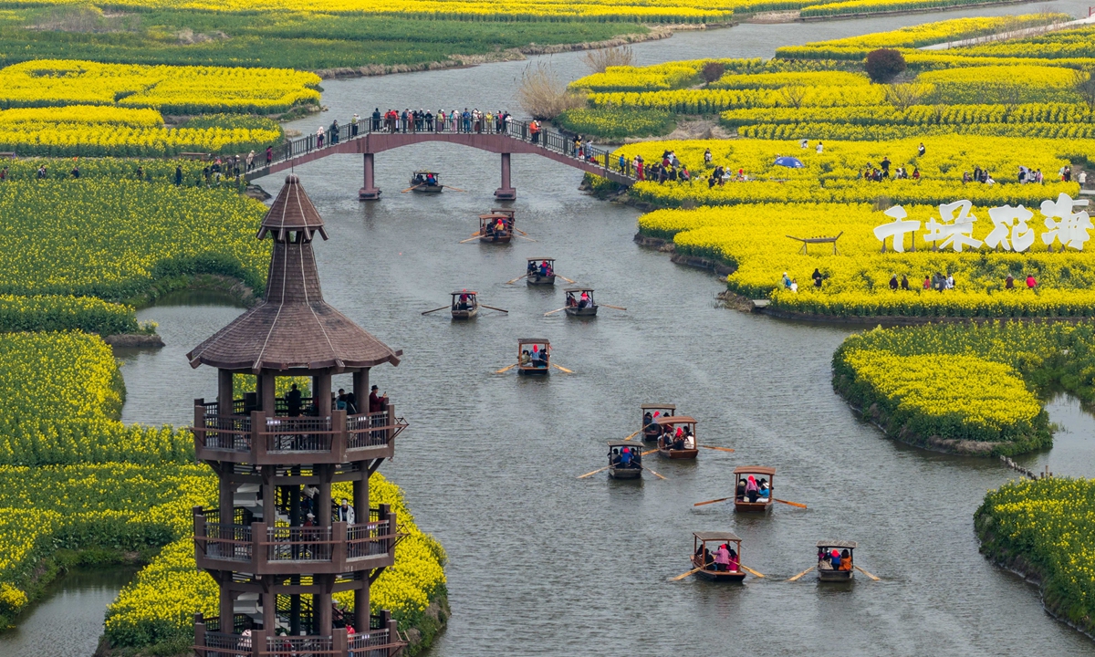 Tourists enjoy themselves in the sea of rapeseed flowers at the Qianduo Scenic Area in Xinghua, East China's Jiangsu Province, on March 23, 2026. The golden rapeseed flower sea attracted numerous tourists to come and admire the flowers and experience the charm of spring. Photo: VCG