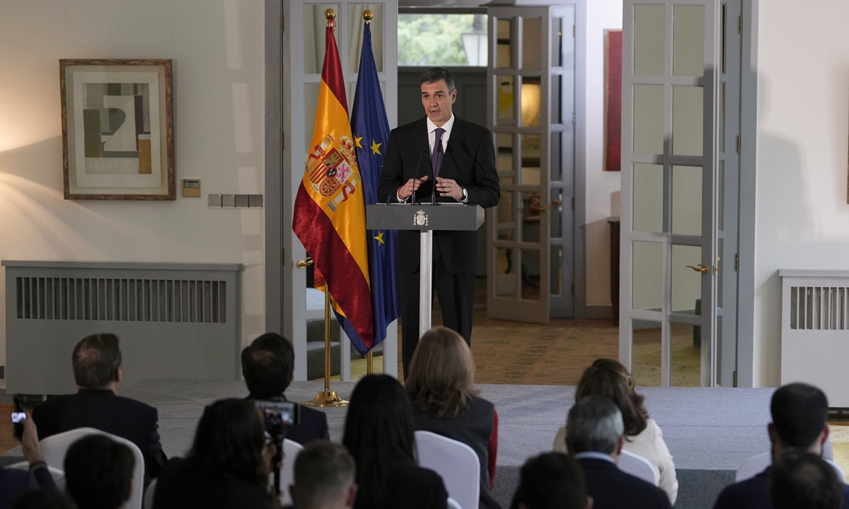 Spain's Prime Minister Pedro Sanchez speaks during a press conference at the Spanish Embassy in Beijing on April 11, 2025. Photo: VCG