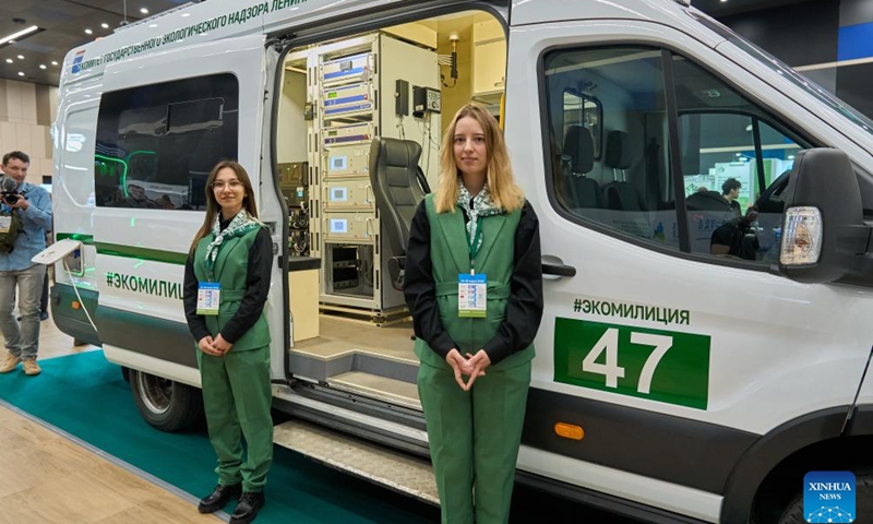 A mobile air monitoring system is exhibited at the Ecology of a Big City international environmental forum in St. Petersburg, Russia, March 24, 2026. The forum kicked off here on Tuesday, attracting more than 6,000 participants. (Photo by Guo Feizhou/Xinhua)

