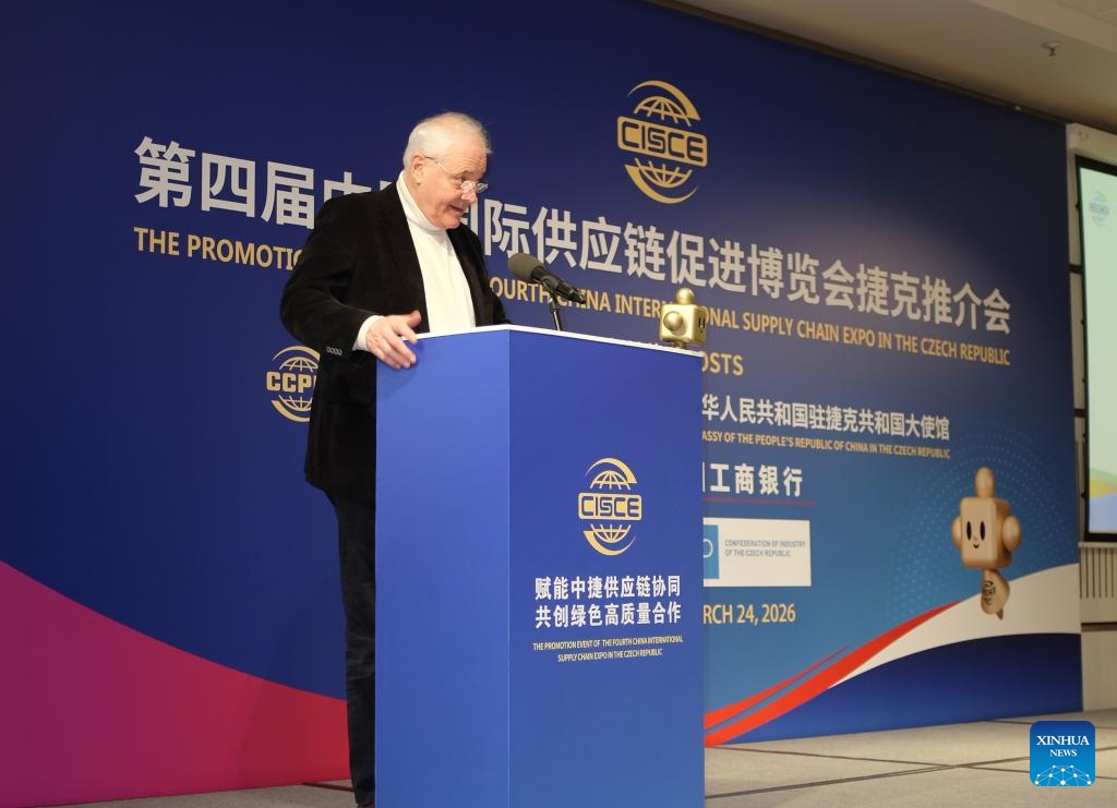 Richard Hlavaty, director of the Department of Non-European Countries at the Czech Republic's Ministry of Industry and Trade, speaks at a promotion event of the fourth China International Supply Chain Expo (CISCE) in Prague, the Czech Republic, March 24, 2026. Business leaders, industry representatives and government officials from China and the Czech Republic gathered in Prague on Tuesday for a promotion event of the fourth CISCE, highlighting growing interest in strengthening economic and trade cooperation between the two countries. (Photo by Helena Kocova/Xinhua)

