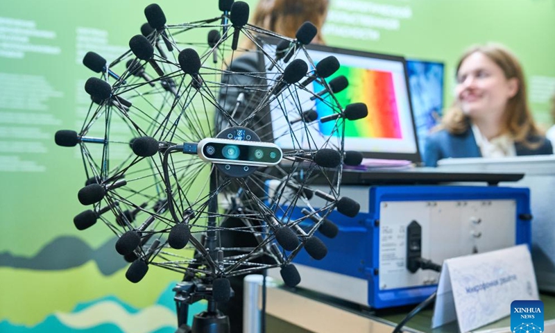 An acoustic detection system is exhibited at the Ecology of a Big City international environmental forum in St. Petersburg, Russia, March 24, 2026. The forum kicked off here on Tuesday, attracting more than 6,000 participants. (Photo by Guo Feizhou/Xinhua)

