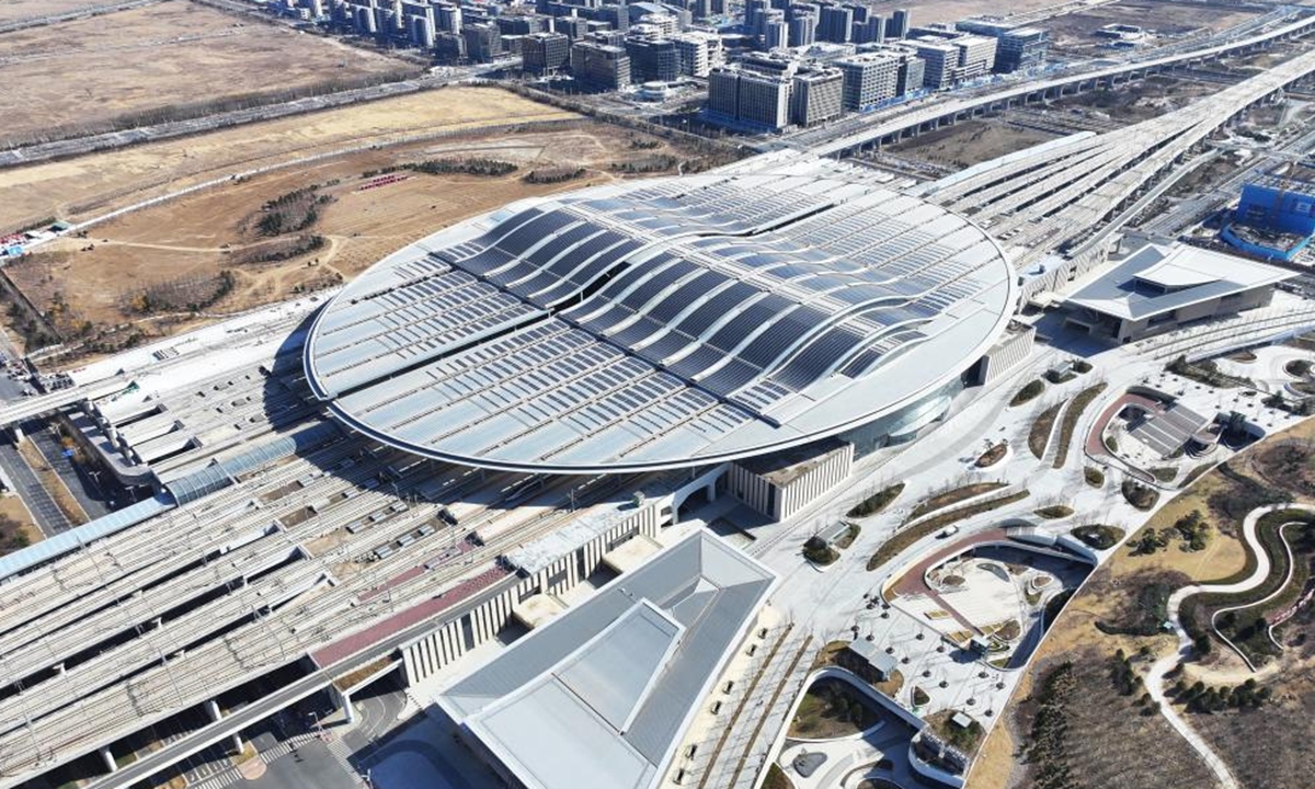 This aerial drone photo taken on March 18, 2026 shows the Xiong'an Railway Station in Xiong'an New Area, north China's Hebei Province. Photo: Xinhua