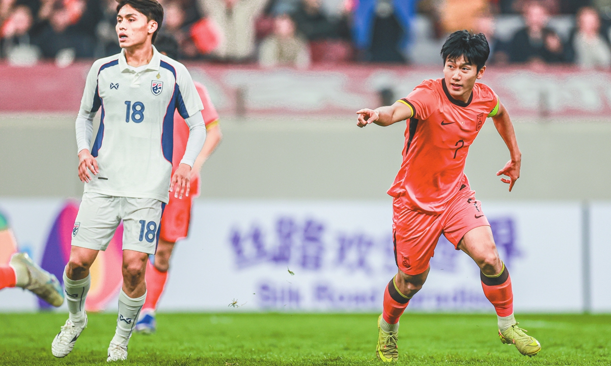 Chinese U23 team captain Xiang Yuwang celebrates after scoring a goal during the match against Thailand on March 25, 2026.