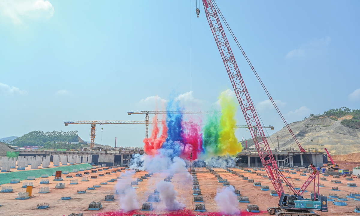 Construction begins on the new Guangzhou airport project in Foshan, South China's Guangdong Province, on March 25, 2026. Its Phase I involves 41.8 billion yuan ($6.06 billion) and includes two parallel runways, a 260,000-square meters terminal, and 94 stands, with capacity for 30 million passengers and 260,000 flights annually. Photo: VCG