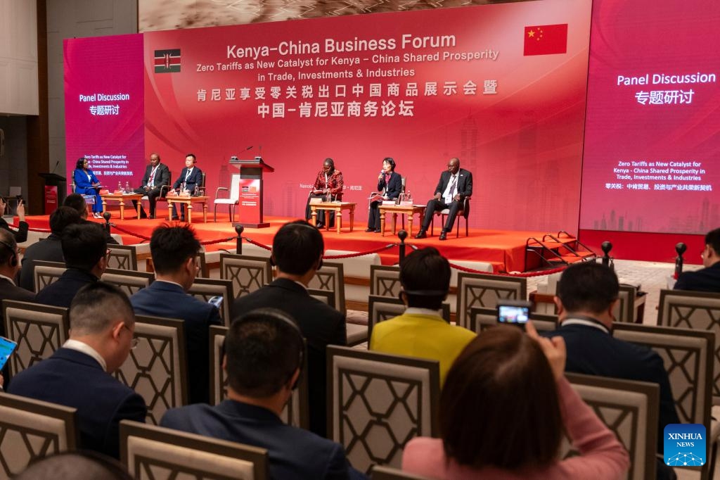 This photo taken on March 23, 2026 shows a panel discussion of the China-Kenya Business Forum held in Nairobi, Kenya. The China-Kenya Business Forum was held on Monday in Nairobi, bringing together more than 350 representatives from the government and business sectors of both countries to discuss ways to strengthen bilateral trade and investment. Themed around China's zero-tariff policy for 53 African countries with diplomatic relations with China, the forum was jointly organized by the China Council for the Promotion of International Trade (CCPIT) and the Kenya Export Promotion and Branding Agency. (Xinhua/Xie Jianfei)

