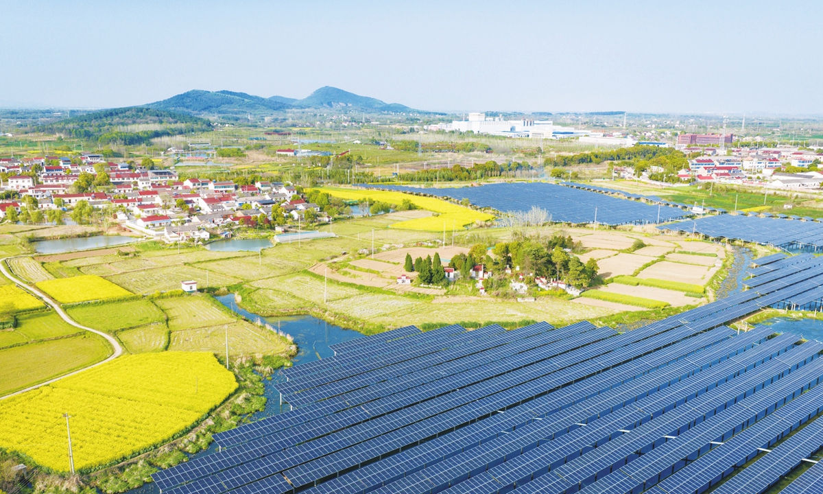 Photovoltaic panels are neatly arranged among the surrounding green scenarios in He county of Ma'anshan city, East China's Anhui Province on April 5, 2026. Photo: VCG