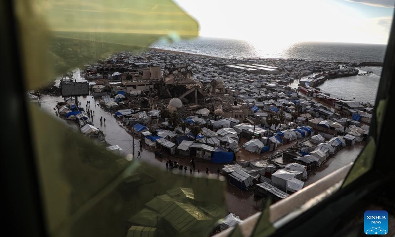 Photo taken on March 25, 2026, shows the temporary tents for displaced Palestinians, in west of Gaza City. (Photo by Rizek Abdeljawad/Xinhua)

