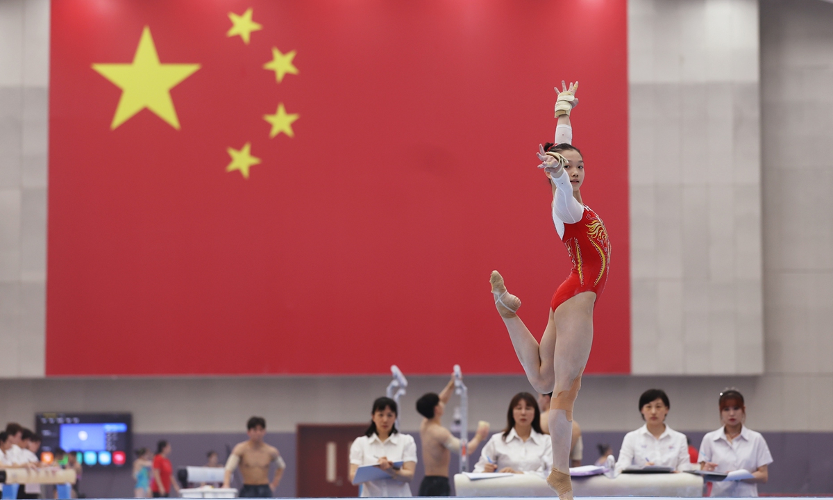 Chinese gymnast Ke Qinqin takes part in a training session of the Chinese national gymnastics team in Beijing on March 26, 2026. The team is preparing for international competitions this year, including the World Championships and the Asian Games. Photo: Cui Meng/GT